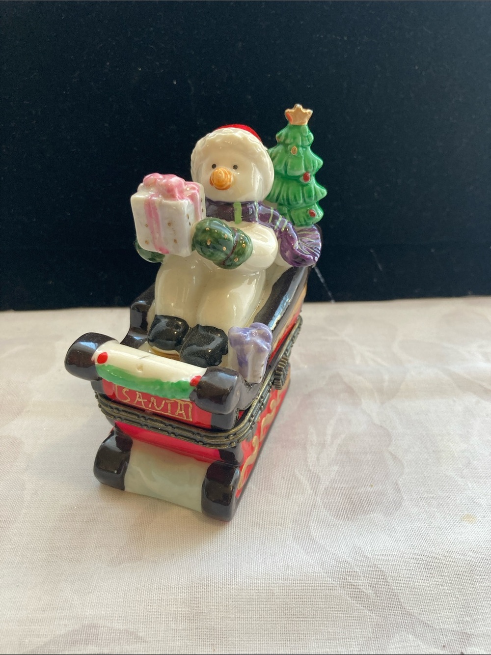 Hand-Painted Snowman Sleigh Trinket Box - White, Green, Red